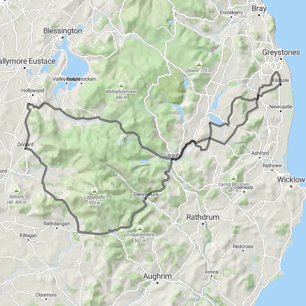 Map miniature of "Mountainous Adventure" cycling inspiration in Eastern and Midland, Ireland. Generated by Tarmacs.app cycling route planner