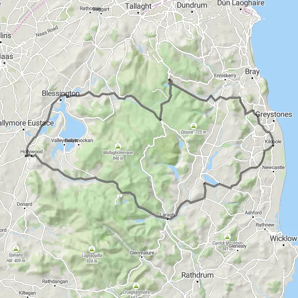 Map miniature of "Wicklow Mountain Exploration" cycling inspiration in Eastern and Midland, Ireland. Generated by Tarmacs.app cycling route planner