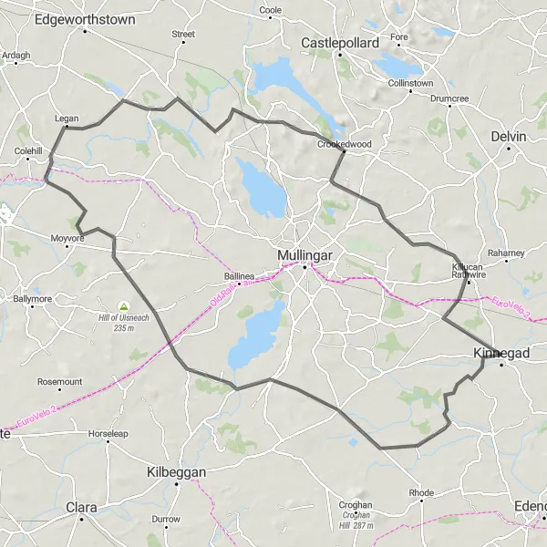 Map miniature of "Midlands Loop" cycling inspiration in Eastern and Midland, Ireland. Generated by Tarmacs.app cycling route planner