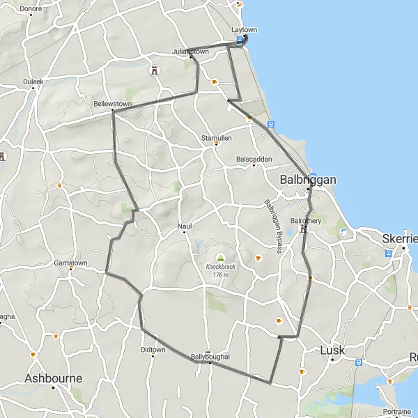 Map miniature of "Coastal Escape: Laytown to Balbriggan" cycling inspiration in Eastern and Midland, Ireland. Generated by Tarmacs.app cycling route planner