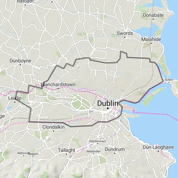 Map miniature of "The Royal County Loop" cycling inspiration in Eastern and Midland, Ireland. Generated by Tarmacs.app cycling route planner