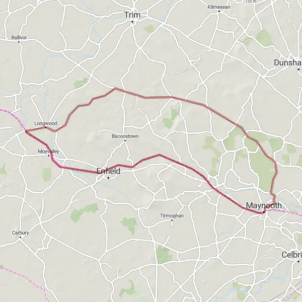 Map miniature of "Mullagh, Kilcloon, Maynooth, Kilcock, Moyvalley and Longwood Loop" cycling inspiration in Eastern and Midland, Ireland. Generated by Tarmacs.app cycling route planner