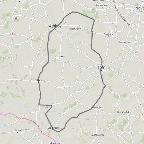 Map miniature of "Ballivor, Athboy and Trim Loop" cycling inspiration in Eastern and Midland, Ireland. Generated by Tarmacs.app cycling route planner