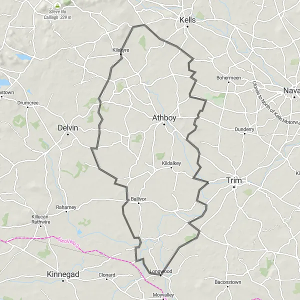 Map miniature of "Longwood, Ballinlough Castle, Rathcairn and Tremblestown Castle Loop" cycling inspiration in Eastern and Midland, Ireland. Generated by Tarmacs.app cycling route planner