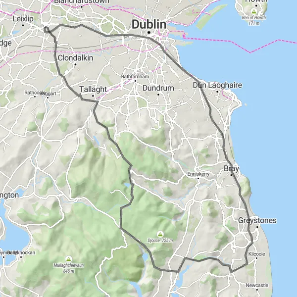 Map miniature of "Historic Tour from Lucan to Glencree" cycling inspiration in Eastern and Midland, Ireland. Generated by Tarmacs.app cycling route planner
