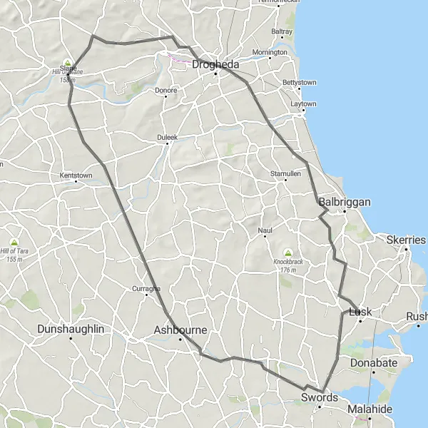 Map miniature of "Lusk to Slane Castle" cycling inspiration in Eastern and Midland, Ireland. Generated by Tarmacs.app cycling route planner