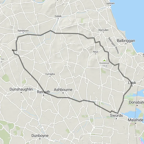 Map miniature of "Lusk to Swords and Back" cycling inspiration in Eastern and Midland, Ireland. Generated by Tarmacs.app cycling route planner