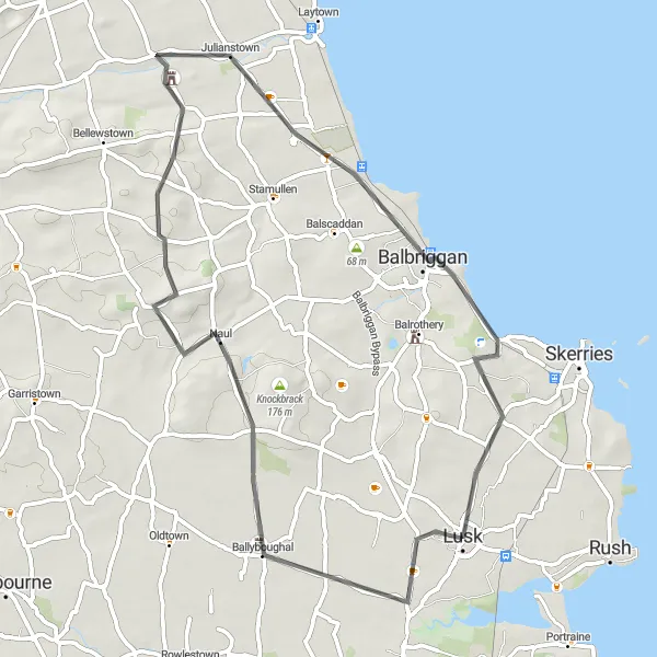 Map miniature of "Lusk to Naul and Back" cycling inspiration in Eastern and Midland, Ireland. Generated by Tarmacs.app cycling route planner