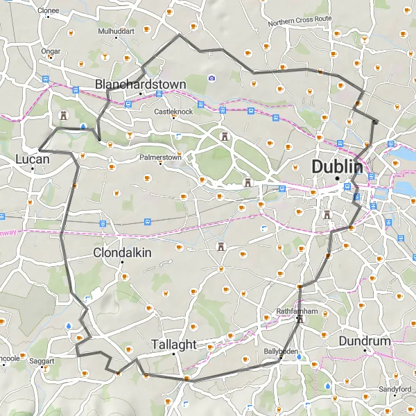 Map miniature of "Dublin Highlights Road Loop" cycling inspiration in Eastern and Midland, Ireland. Generated by Tarmacs.app cycling route planner