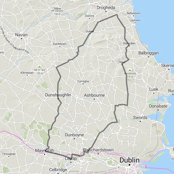 Map miniature of "Rural Charm and Hidden Treasures Road Route" cycling inspiration in Eastern and Midland, Ireland. Generated by Tarmacs.app cycling route planner