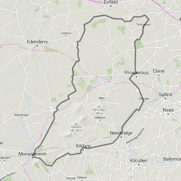 Map miniature of "Countryside Loop from Monasterevin" cycling inspiration in Eastern and Midland, Ireland. Generated by Tarmacs.app cycling route planner