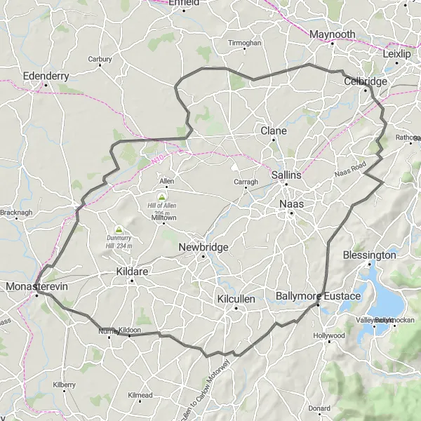 Map miniature of "Monasterevin Round Trip" cycling inspiration in Eastern and Midland, Ireland. Generated by Tarmacs.app cycling route planner