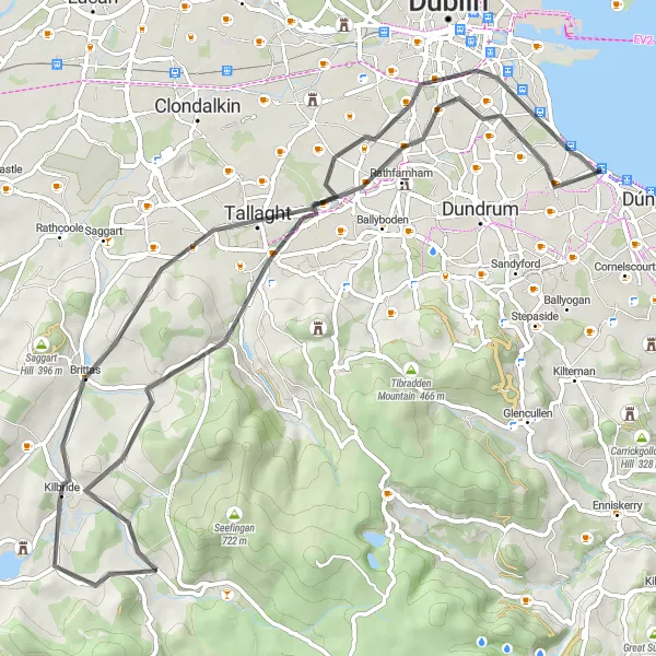 Map miniature of "Monkstown to Tallaght Round Trip" cycling inspiration in Eastern and Midland, Ireland. Generated by Tarmacs.app cycling route planner