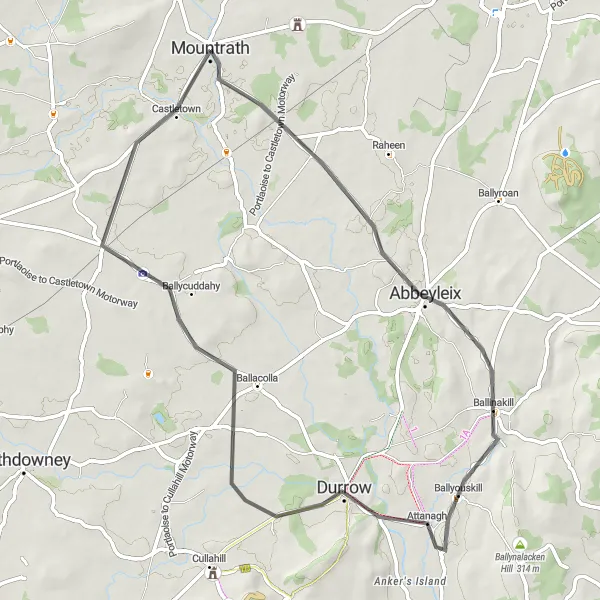 Map miniature of "The Abbeyleix and Durrow Delight" cycling inspiration in Eastern and Midland, Ireland. Generated by Tarmacs.app cycling route planner