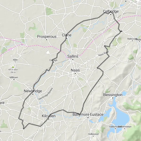 Map miniature of "Kilcullen and Newbridge Expedition" cycling inspiration in Eastern and Midland, Ireland. Generated by Tarmacs.app cycling route planner