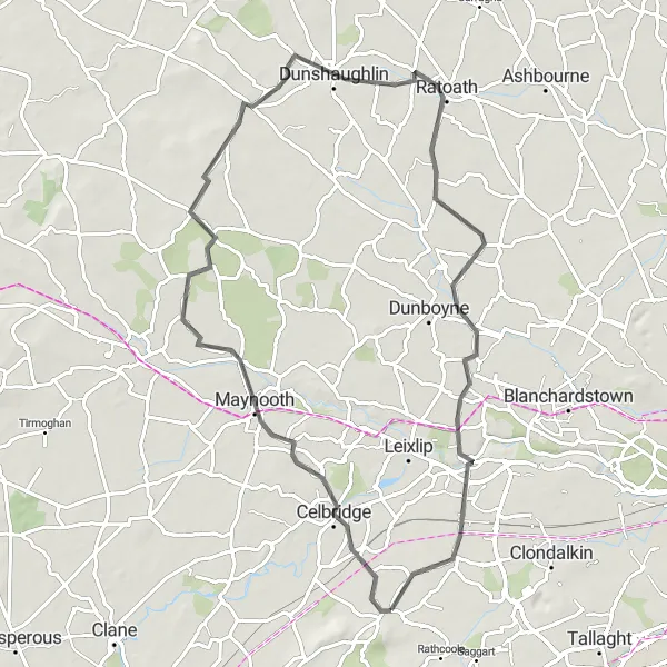 Map miniature of "Maynooth Castle and Clonee Loop" cycling inspiration in Eastern and Midland, Ireland. Generated by Tarmacs.app cycling route planner