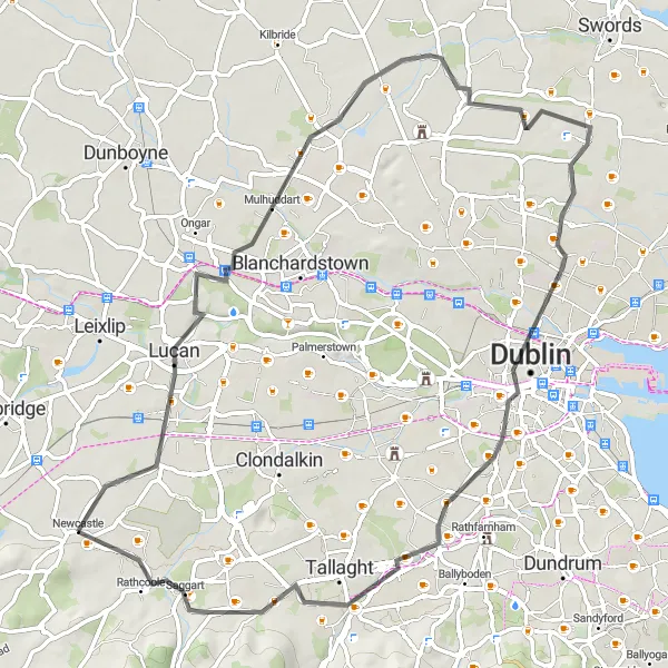 Map miniature of "Dublin Castles and Skyline" cycling inspiration in Eastern and Midland, Ireland. Generated by Tarmacs.app cycling route planner