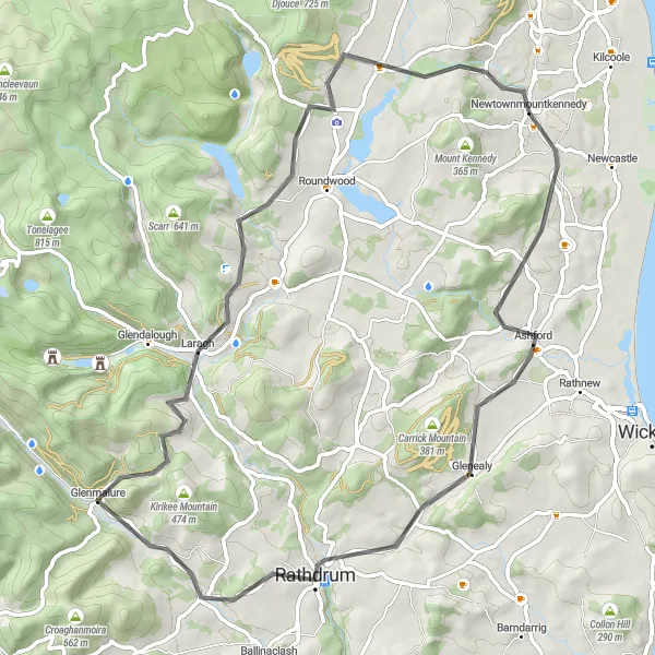 Map miniature of "Ashford to Newtownmountkennedy Loop" cycling inspiration in Eastern and Midland, Ireland. Generated by Tarmacs.app cycling route planner