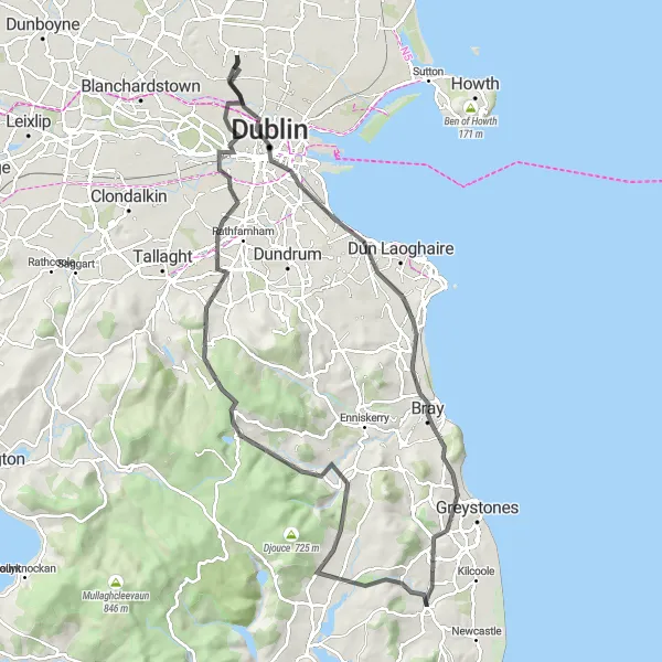 Map miniature of "Dublin Mountains Challenge" cycling inspiration in Eastern and Midland, Ireland. Generated by Tarmacs.app cycling route planner