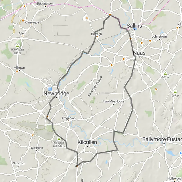 Map miniature of "Kilcullen-Power paced climbs" cycling inspiration in Eastern and Midland, Ireland. Generated by Tarmacs.app cycling route planner