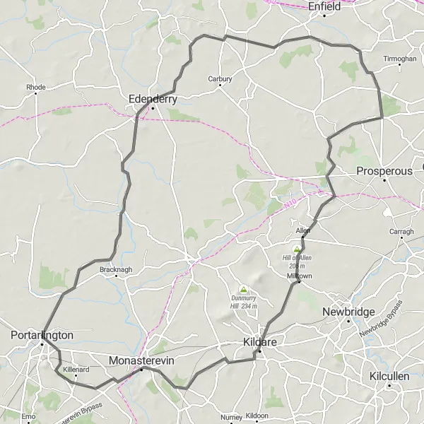 Map miniature of "Portarlington to Kildare Round-Trip" cycling inspiration in Eastern and Midland, Ireland. Generated by Tarmacs.app cycling route planner