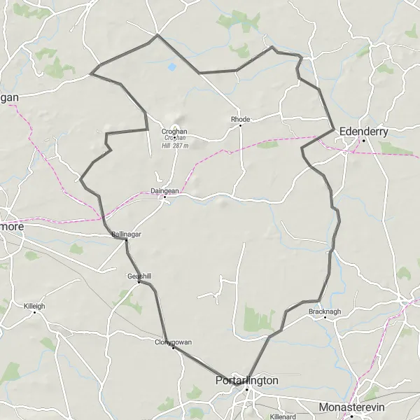 Map miniature of "Ballinagar and Clonbulloge Cycling Route" cycling inspiration in Eastern and Midland, Ireland. Generated by Tarmacs.app cycling route planner