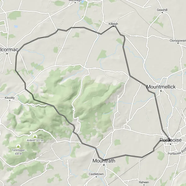 Map miniature of "Hidden Castles and Scenic Landscapes: Mountrath Loop" cycling inspiration in Eastern and Midland, Ireland. Generated by Tarmacs.app cycling route planner