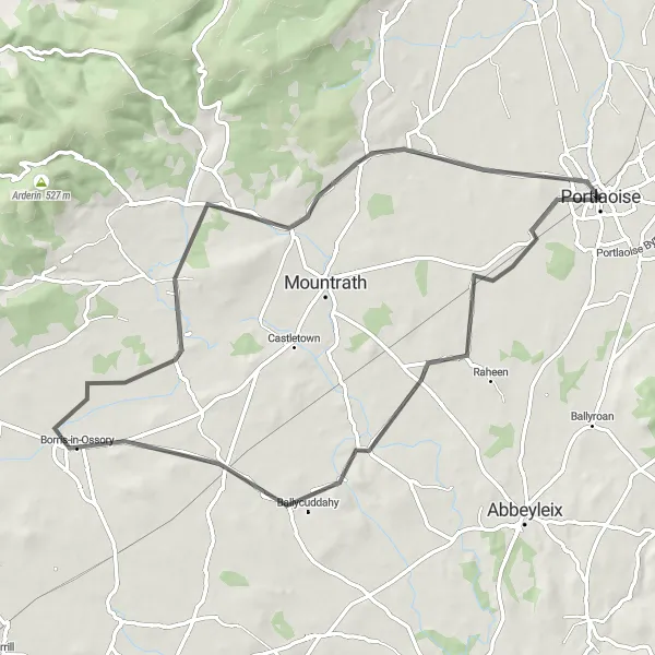 Map miniature of "The Borris-in-Ossory Loop" cycling inspiration in Eastern and Midland, Ireland. Generated by Tarmacs.app cycling route planner