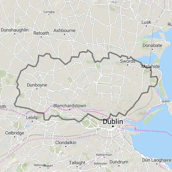 Map miniature of "Scenic Road Explorer" cycling inspiration in Eastern and Midland, Ireland. Generated by Tarmacs.app cycling route planner