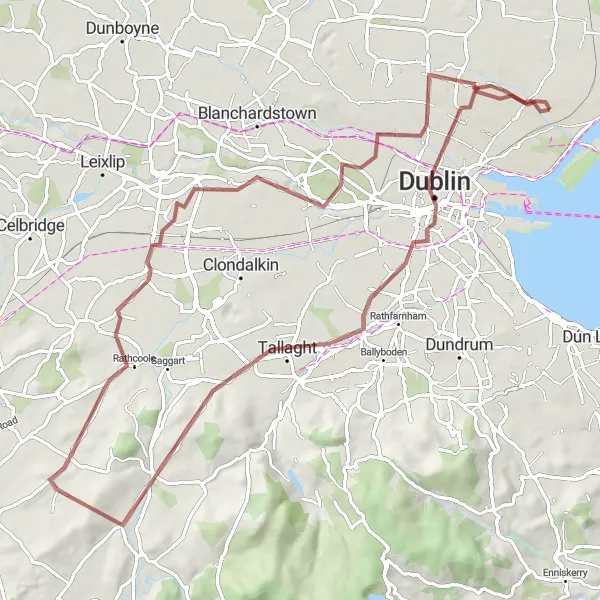Map miniature of "Dublin and Surrounding Gravel Adventure" cycling inspiration in Eastern and Midland, Ireland. Generated by Tarmacs.app cycling route planner