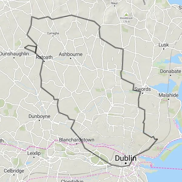 Map miniature of "Road Adventure through Dublin's Outskirts" cycling inspiration in Eastern and Midland, Ireland. Generated by Tarmacs.app cycling route planner