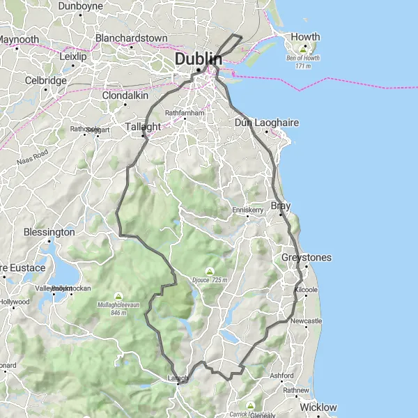 Map miniature of "Challenging Road Route through Wicklow Mountains" cycling inspiration in Eastern and Midland, Ireland. Generated by Tarmacs.app cycling route planner