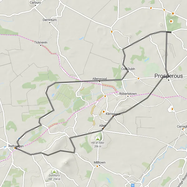 Map miniature of "Rathangan – The Glebe – Prosperous – Kilmeague – Hill of Allen – Boston Hill" cycling inspiration in Eastern and Midland, Ireland. Generated by Tarmacs.app cycling route planner