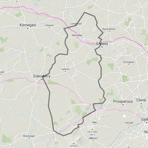 Map miniature of "Rathangan – Blundell Aquaduct – Longwood – Johnstown Bridge – Allenwood – Boston Hill" cycling inspiration in Eastern and Midland, Ireland. Generated by Tarmacs.app cycling route planner