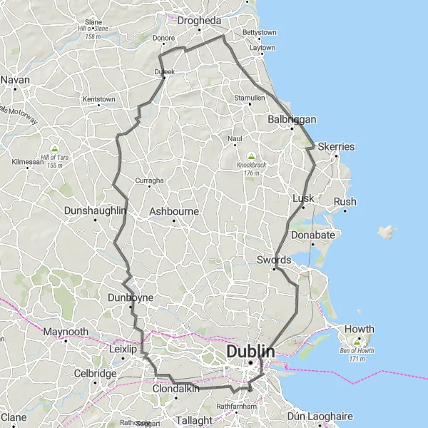 Map miniature of "Dublin Castles and Countryside" cycling inspiration in Eastern and Midland, Ireland. Generated by Tarmacs.app cycling route planner
