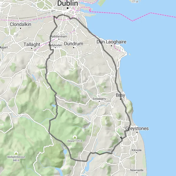 Map miniature of "Coastal Road Adventure from Rialto" cycling inspiration in Eastern and Midland, Ireland. Generated by Tarmacs.app cycling route planner