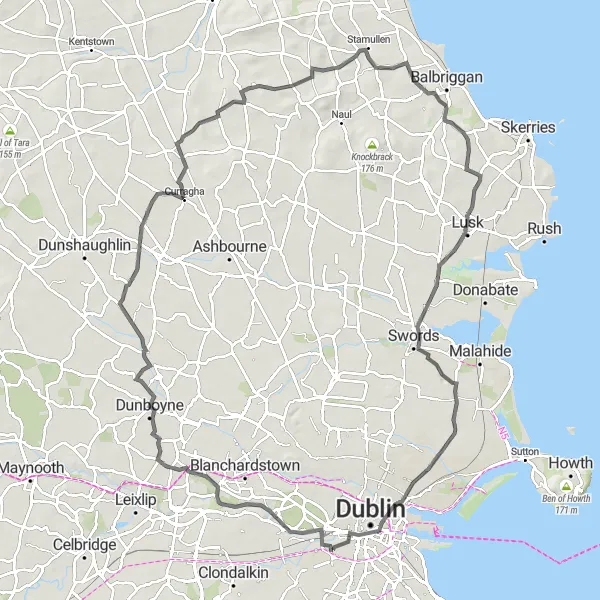 Map miniature of "Rialto to Lusk Loop" cycling inspiration in Eastern and Midland, Ireland. Generated by Tarmacs.app cycling route planner