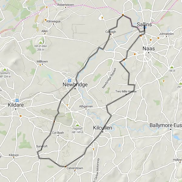 Map miniature of "Sallins to Newbridge Loop" cycling inspiration in Eastern and Midland, Ireland. Generated by Tarmacs.app cycling route planner