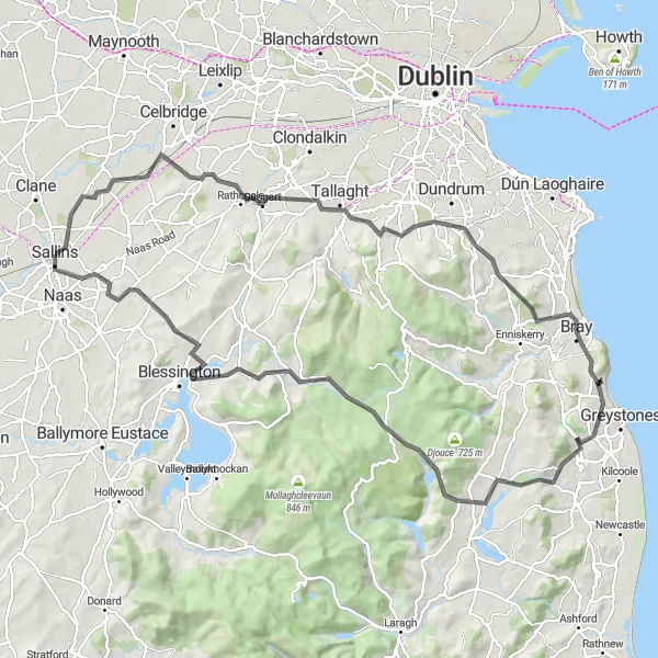 Map miniature of "Sallins to Three Castles Loop" cycling inspiration in Eastern and Midland, Ireland. Generated by Tarmacs.app cycling route planner