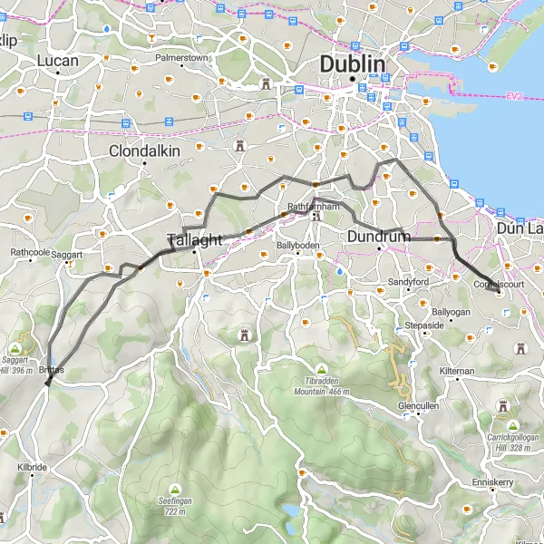 Map miniature of "Countryside Road Cycling Route: Perrystown to Brittas" cycling inspiration in Eastern and Midland, Ireland. Generated by Tarmacs.app cycling route planner