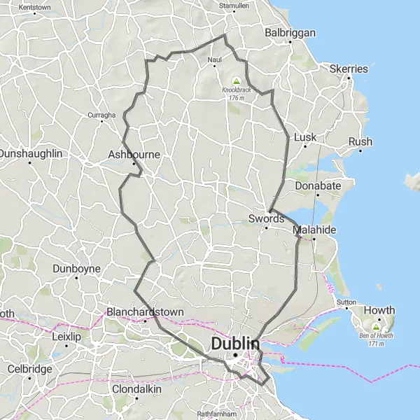 Map miniature of "The Historic Road" cycling inspiration in Eastern and Midland, Ireland. Generated by Tarmacs.app cycling route planner