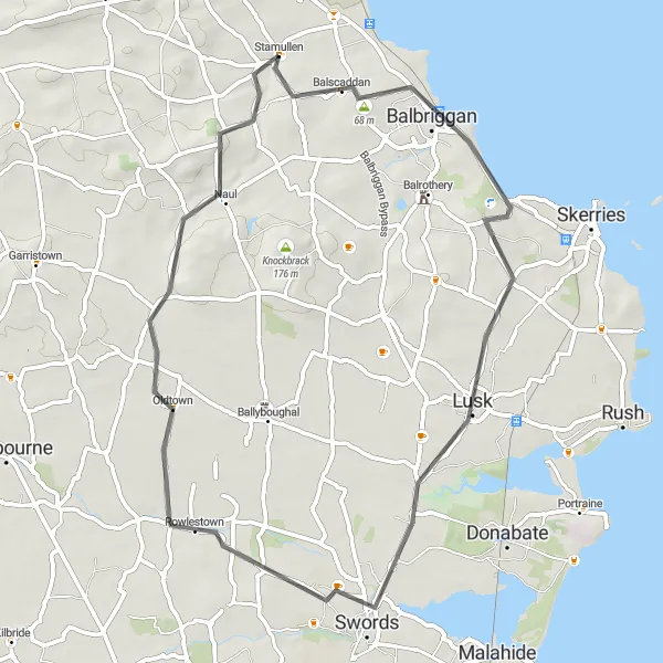 Map miniature of "Balbriggan to Naul Loop" cycling inspiration in Eastern and Midland, Ireland. Generated by Tarmacs.app cycling route planner
