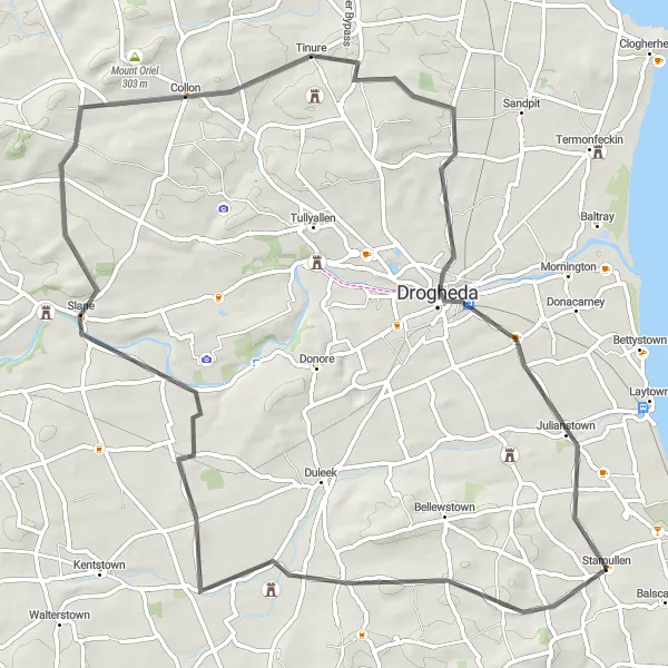 Map miniature of "The Historic Boyne Valley" cycling inspiration in Eastern and Midland, Ireland. Generated by Tarmacs.app cycling route planner