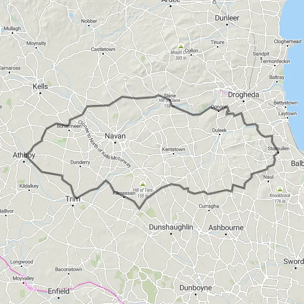 Map miniature of "Stamullen to Newgrange Loop" cycling inspiration in Eastern and Midland, Ireland. Generated by Tarmacs.app cycling route planner