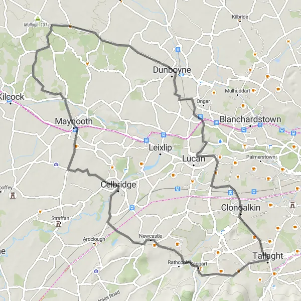 Map miniature of "Tallaght to Maynooth Castle Loop" cycling inspiration in Eastern and Midland, Ireland. Generated by Tarmacs.app cycling route planner