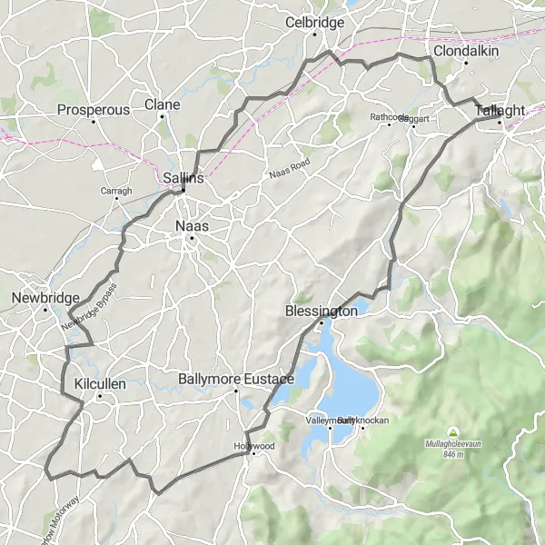 Map miniature of "Tallaght to Hazelhatch Bridge Loop" cycling inspiration in Eastern and Midland, Ireland. Generated by Tarmacs.app cycling route planner