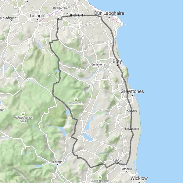 Map miniature of "Templeogue Loop via the Rock of Kilcoole and Glencree" cycling inspiration in Eastern and Midland, Ireland. Generated by Tarmacs.app cycling route planner