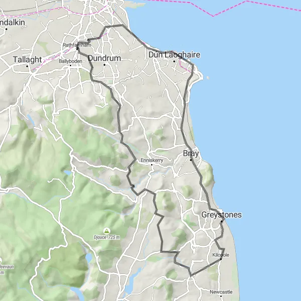 Map miniature of "Coastal Road Adventure: From Dublin to Greystones" cycling inspiration in Eastern and Midland, Ireland. Generated by Tarmacs.app cycling route planner