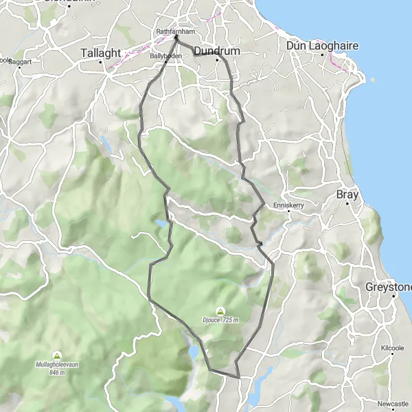 Map miniature of "Road Cycling Challenge: Conquer the Hills of Dublin's Outskirts" cycling inspiration in Eastern and Midland, Ireland. Generated by Tarmacs.app cycling route planner