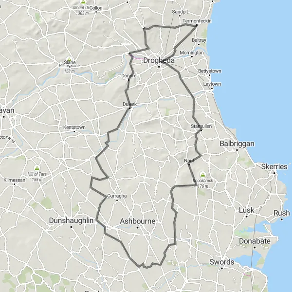 Map miniature of "Drogheda to Boyne Obelisk Loop" cycling inspiration in Eastern and Midland, Ireland. Generated by Tarmacs.app cycling route planner